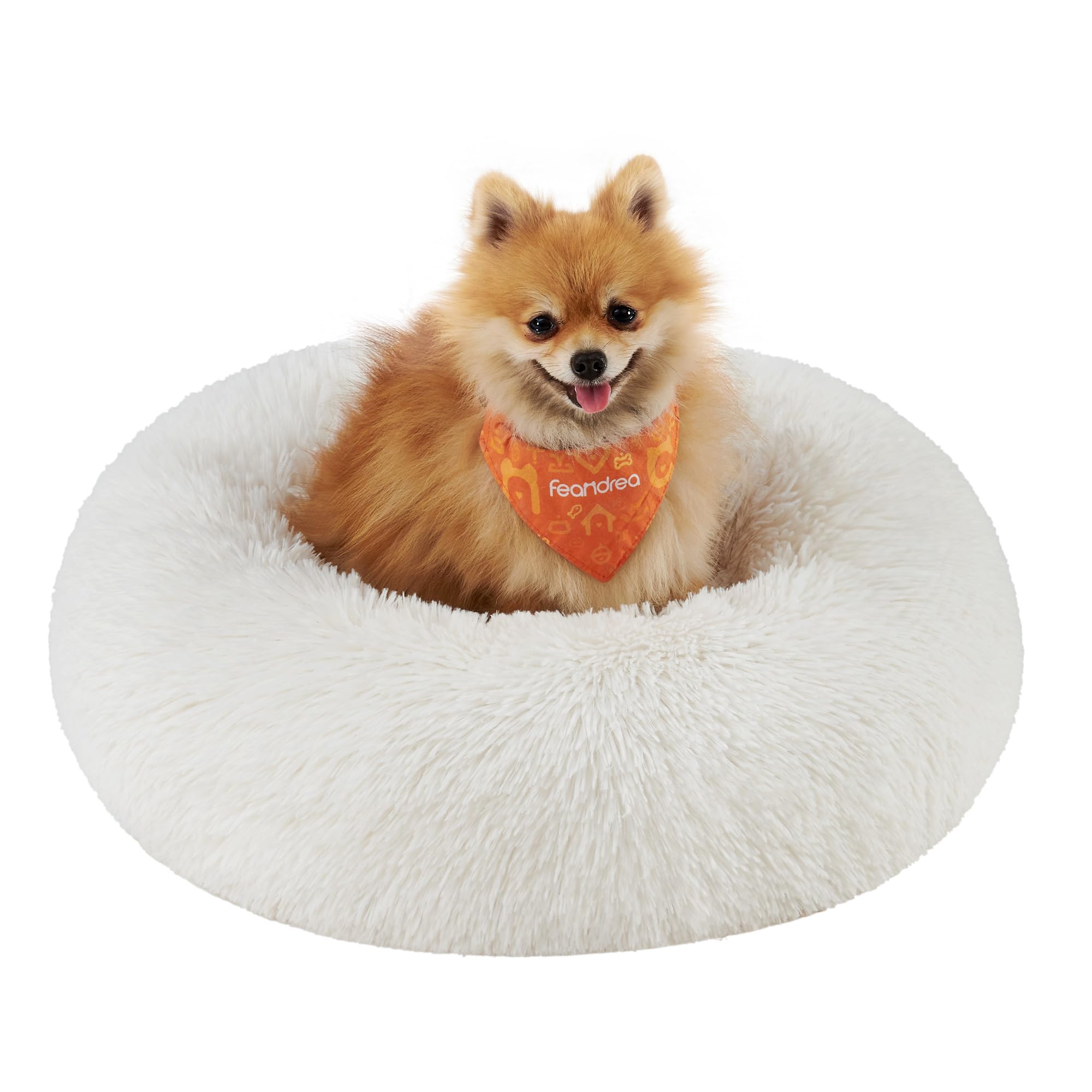 Feandrea Hundebett flauschig, Katzenbett, Donut Kissen, waschbar, Polsterung in der Mitte herausnehmbar, Langer Plüsch, 60 cm Durchmesser, wolkenweiß PGW038W01