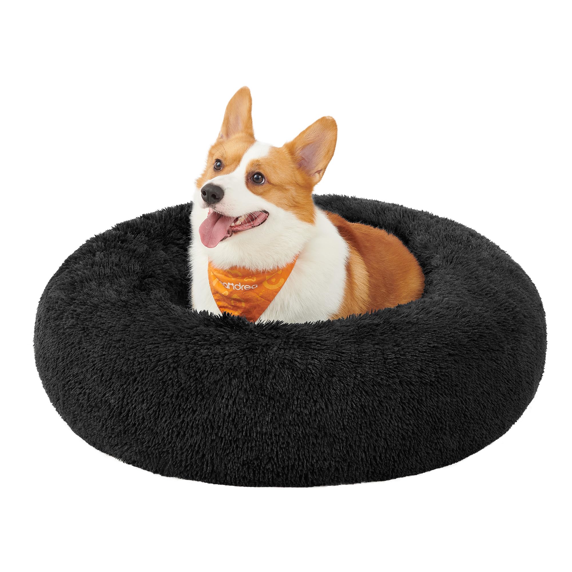 Feandrea Hundebett flauschig, Katzenbett, Donut Kissen, waschbar, Polsterung in der Mitte herausnehmbar, Langer Plüsch, 80 cm Durchmesser, tintenschwarz PGW040B01