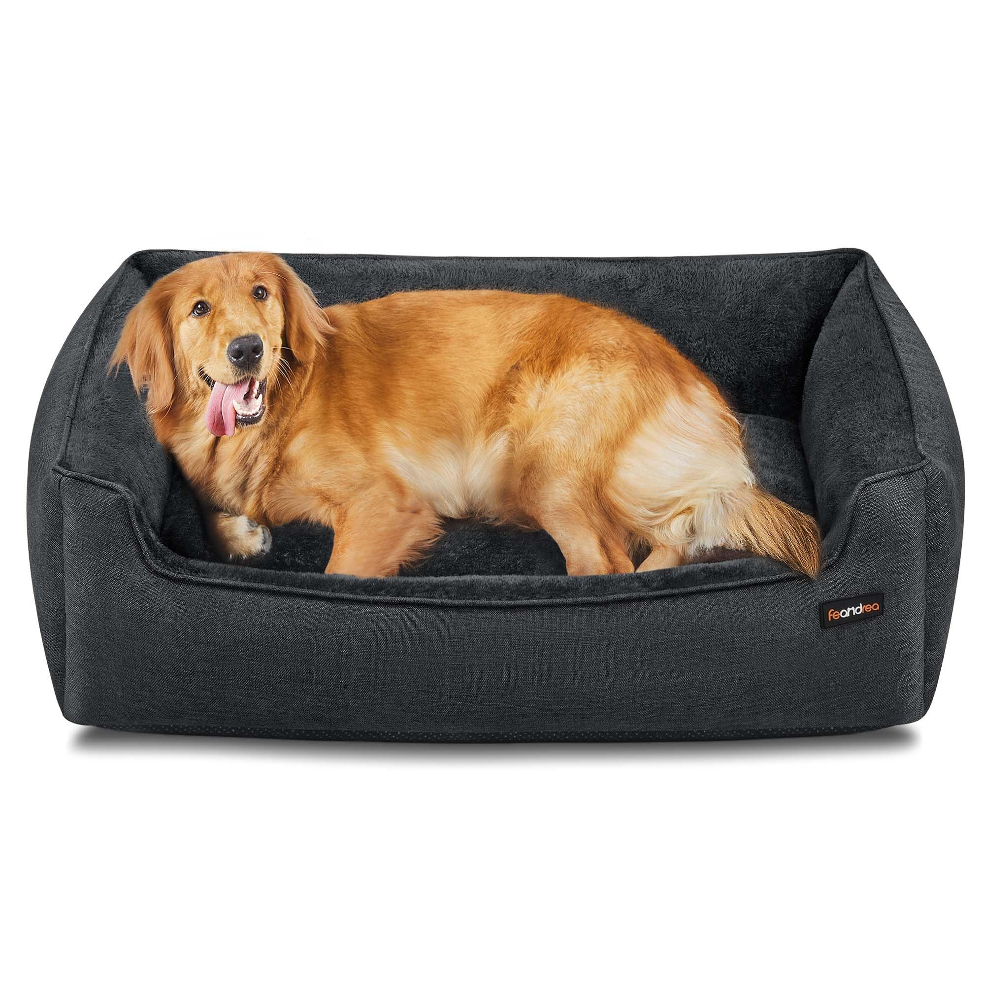 Feandrea Hundebett, Hundekissen in Leinenoptik, Hundekorb, erhöhte Ränder, rutschfeste Unterseite, Bezug abnehmbar waschbar, XL, für große Hunde, 110 x 75 x 27 cm, dunkelgrau PGW012G01