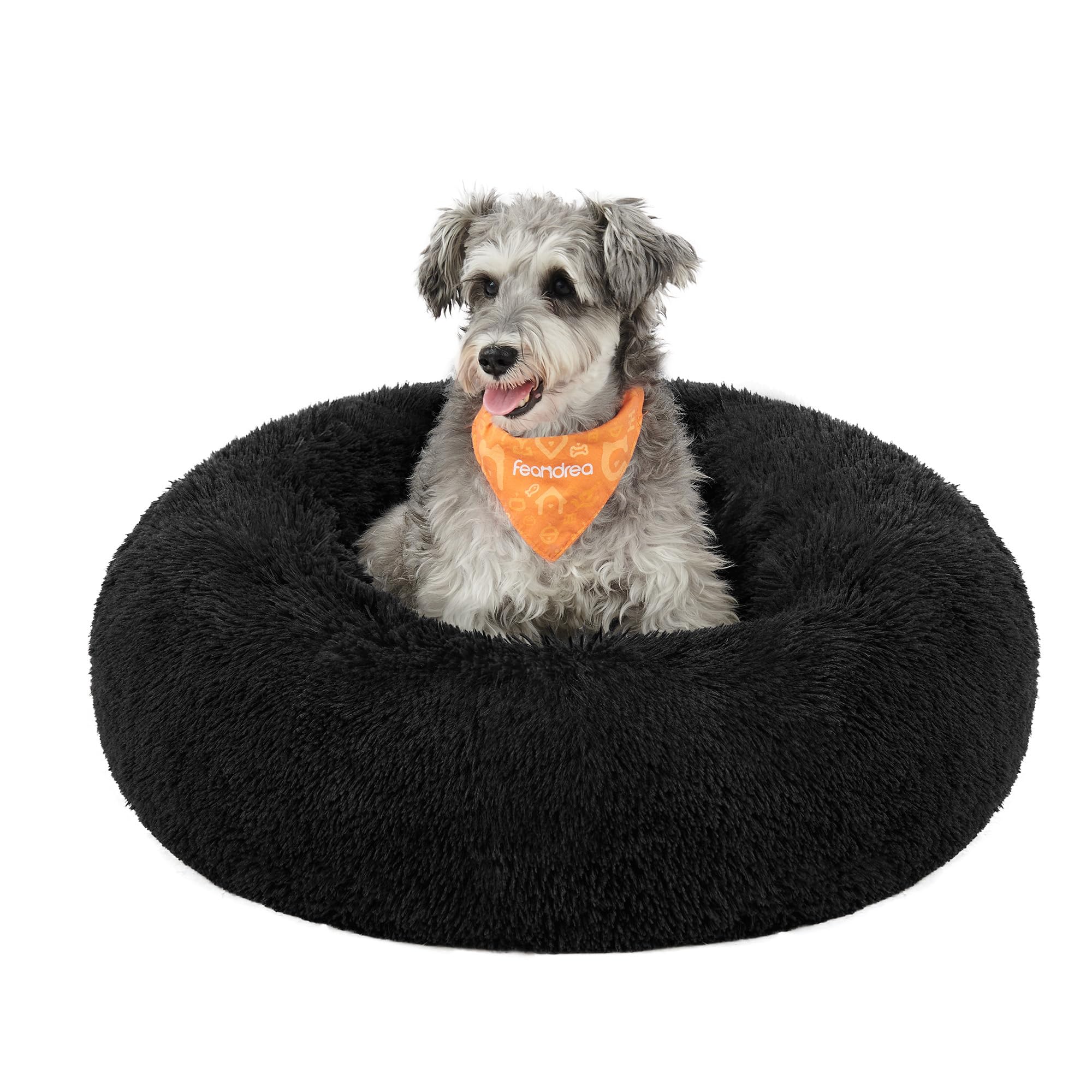 Feandrea Hundebett flauschig, Katzenbett, Donut Kissen, waschbar, Polsterung in der Mitte herausnehmbar, Langer Plüsch, 70 cm Durchmesser, tintenschwarz PGW039B01