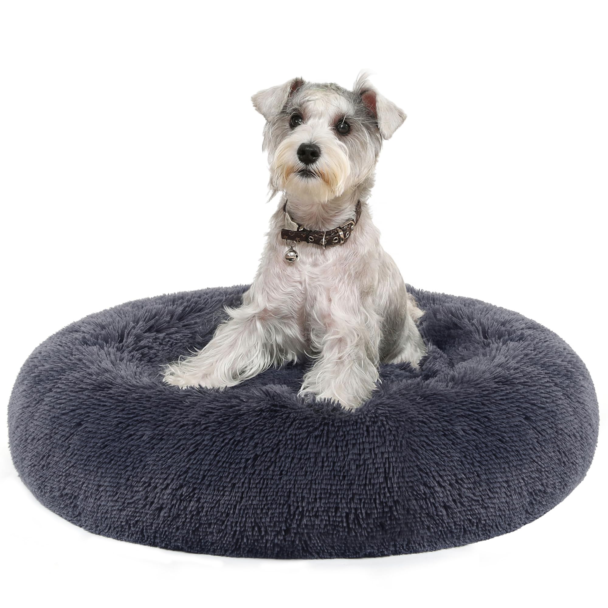 Feandrea Hundebett flauschig, Katzenbett, Donut Kissen, waschbar, Polsterung in der Mitte herausnehmbar, Langer Plüsch, 70 cm Durchmesser, dunkelgrau PGW039G02