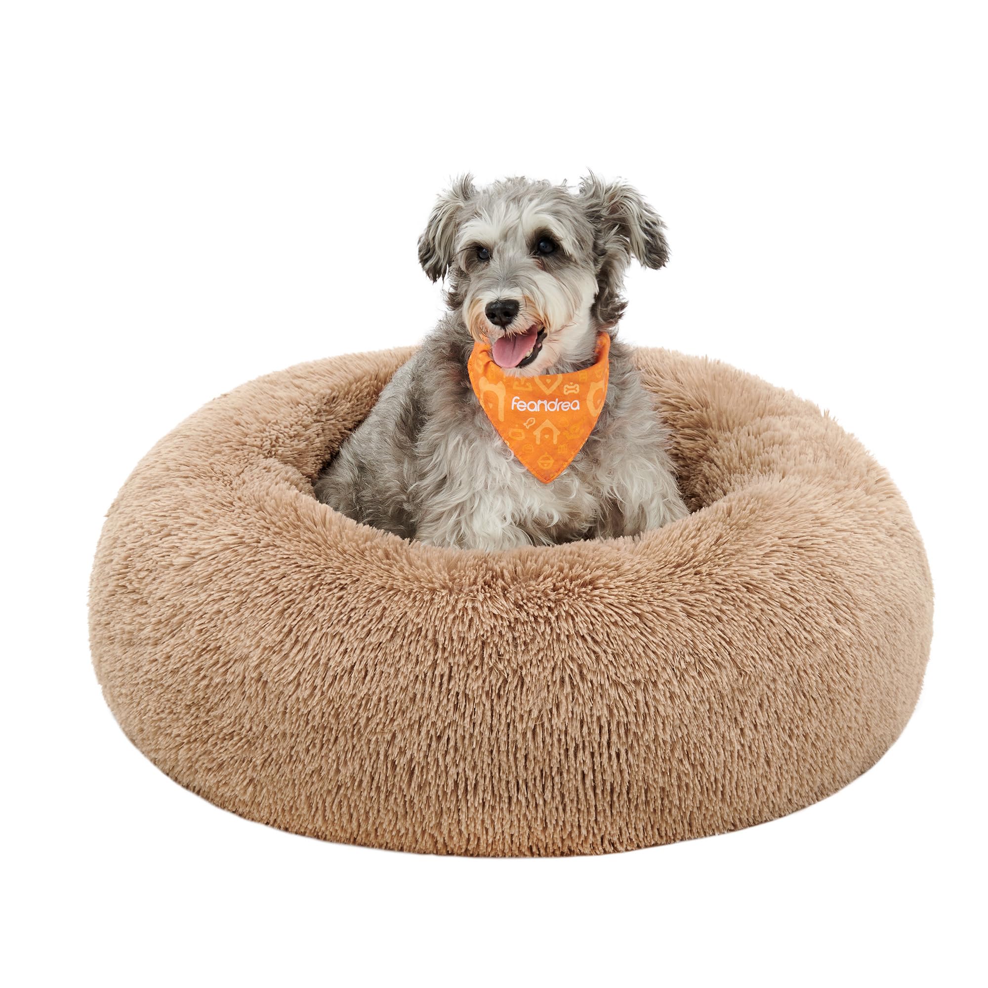 Feandrea Hundebett flauschig, Katzenbett, Donut Kissen, waschbar, Polsterung in der Mitte herausnehmbar, Langer Plüsch, 70 cm Durchmesser, Kamelbraun PGW039K01