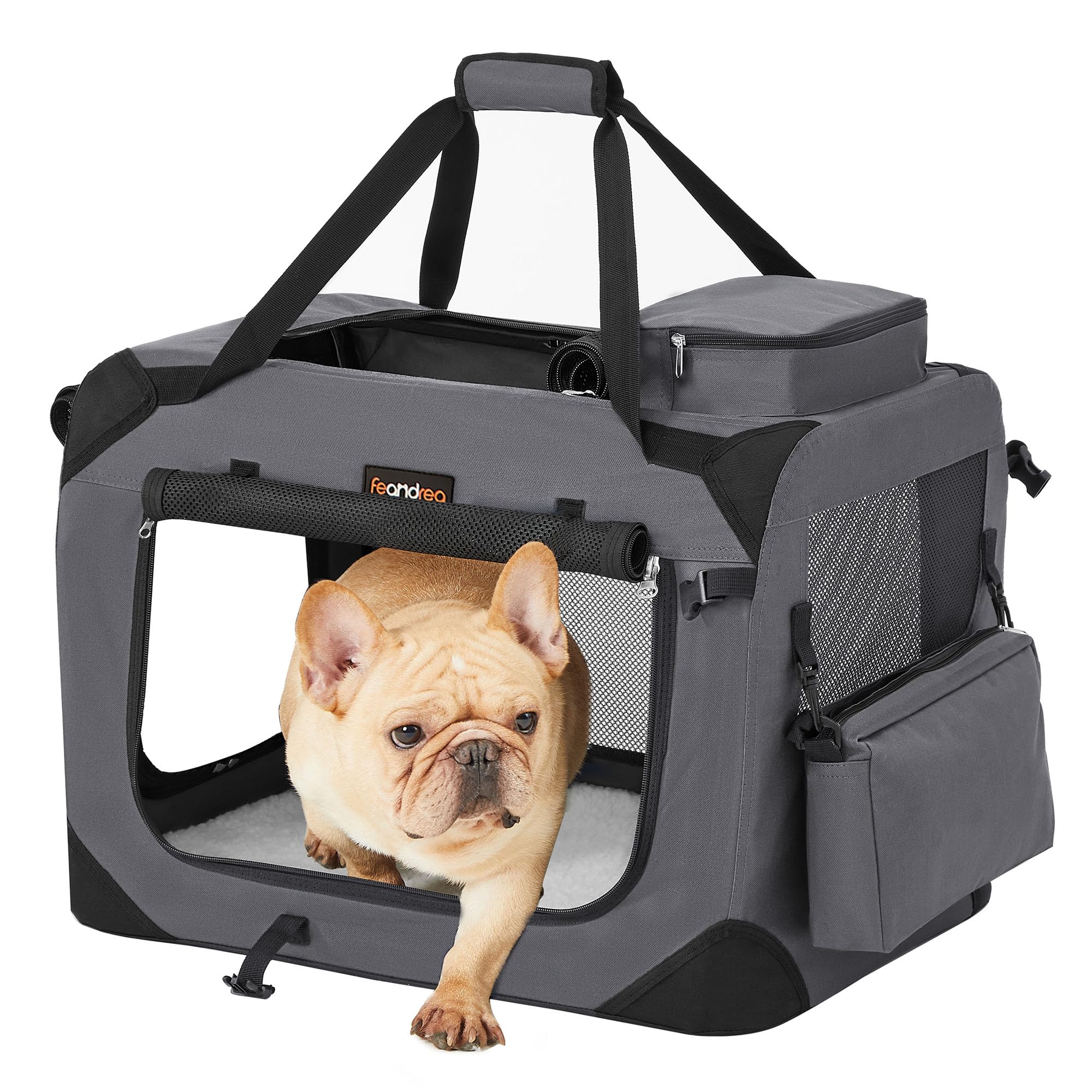 Feandrea Hundebox faltbar, Transportbox Hund, M, Hundetasche, Oxford-Gewebe, Netzstoff, atmungsaktiv tragbar transportabel, Metallrahmen, mit Griffen, Taschen, 60 x 42 x 42 cm, grau PDC60GY