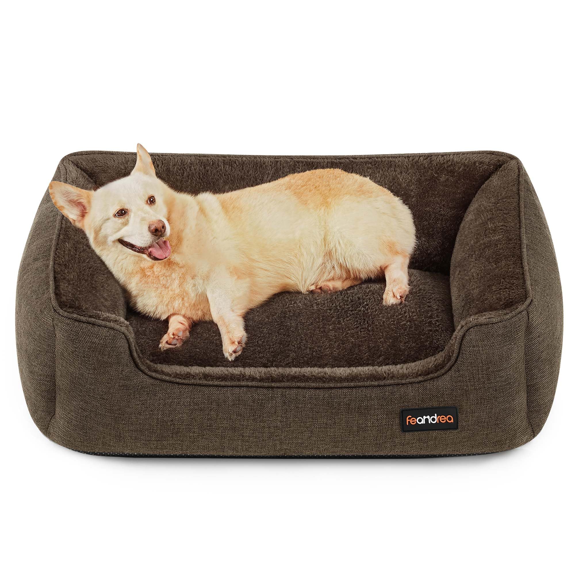 Feandrea Hundebett, Hundekissen in Leinenoptik, Hundekorb, erhöhte Ränder, rutschfeste Unterseite, Bezug abnehmbar waschbar, L, für mittelgroße Hunde, 90 x 75 x 25 cm, braun PGW11CC