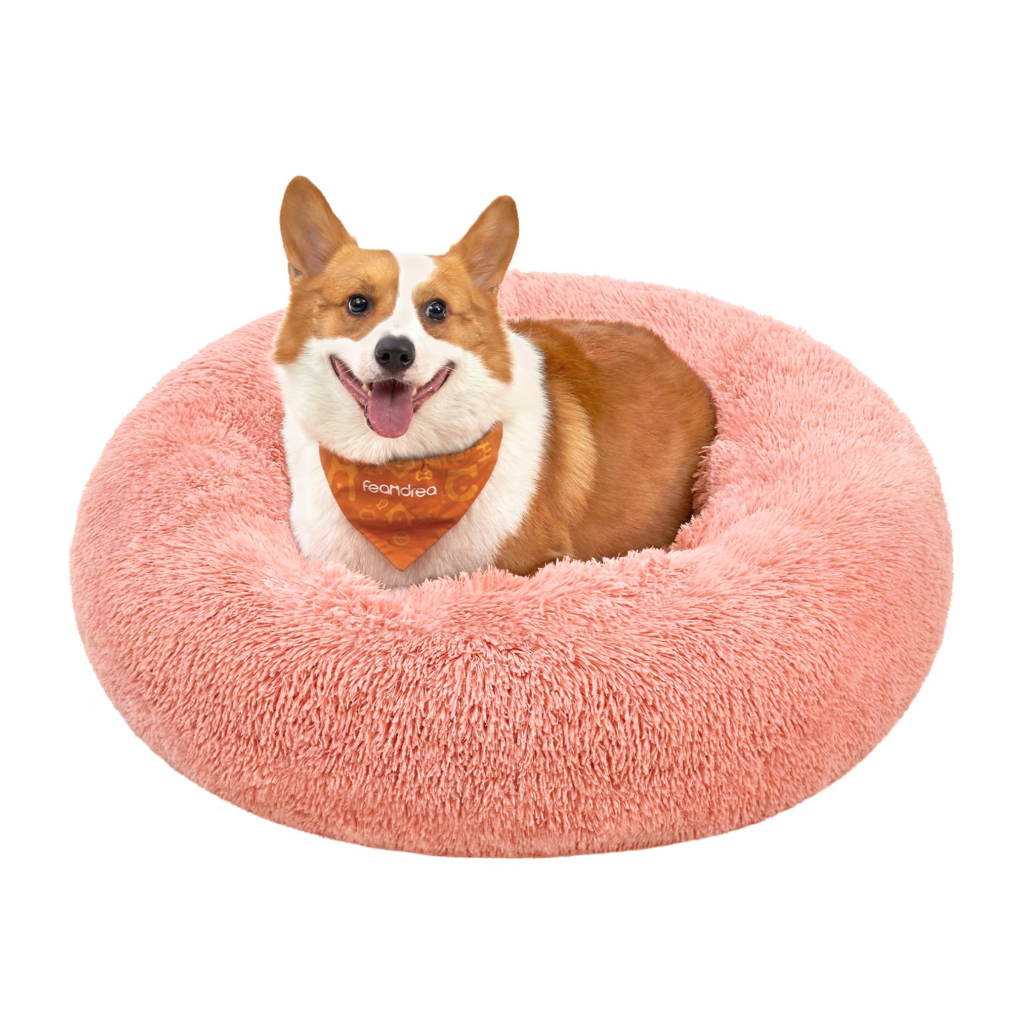 Feandrea Hundebett flauschig, Katzenbett, Donut Kissen, waschbar, Polsterung in der Mitte herausnehmbar, Langer Plüsch, 80 cm Durchmesser, rosa PGW040R01