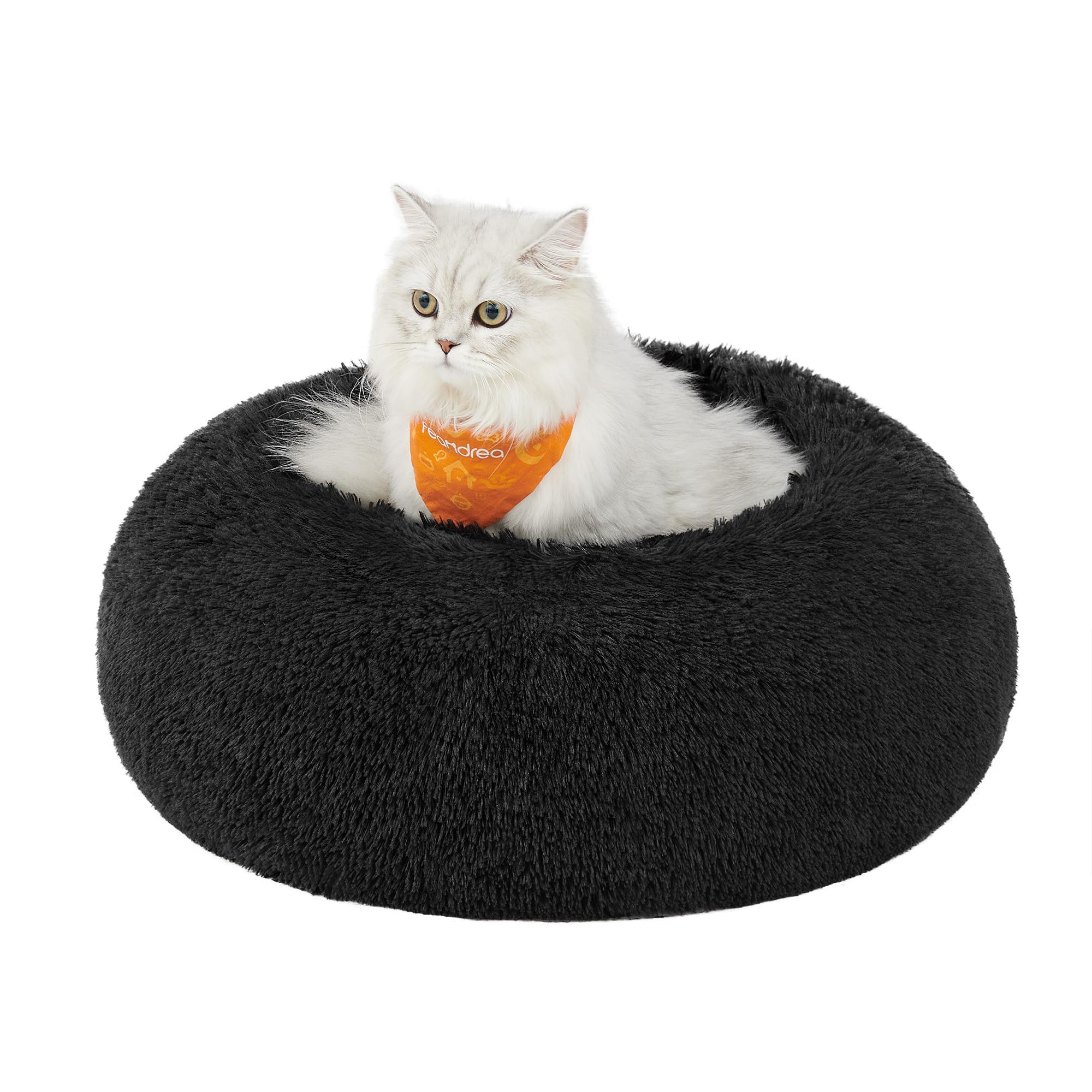 Feandrea Hundebett flauschig, Katzenbett, Donut Kissen, waschbar, Polsterung in der Mitte herausnehmbar, Langer Plüsch, 50 cm Durchmesser, tintenschwarz PGW037B01