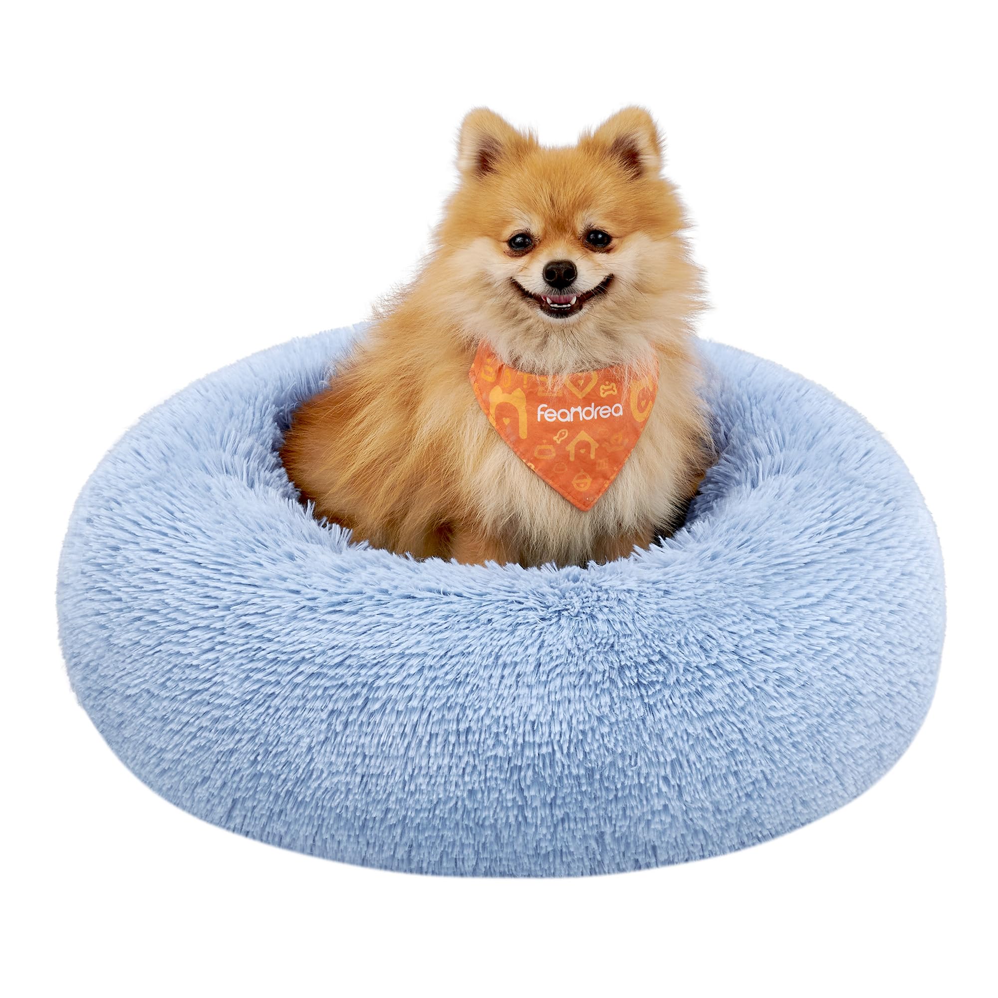 Feandrea Hundebett flauschig, Katzenbett, Donut Kissen, waschbar, Polsterung in der Mitte herausnehmbar, Langer Plüsch, 60 cm Durchmesser, blassblau PGW038Q01