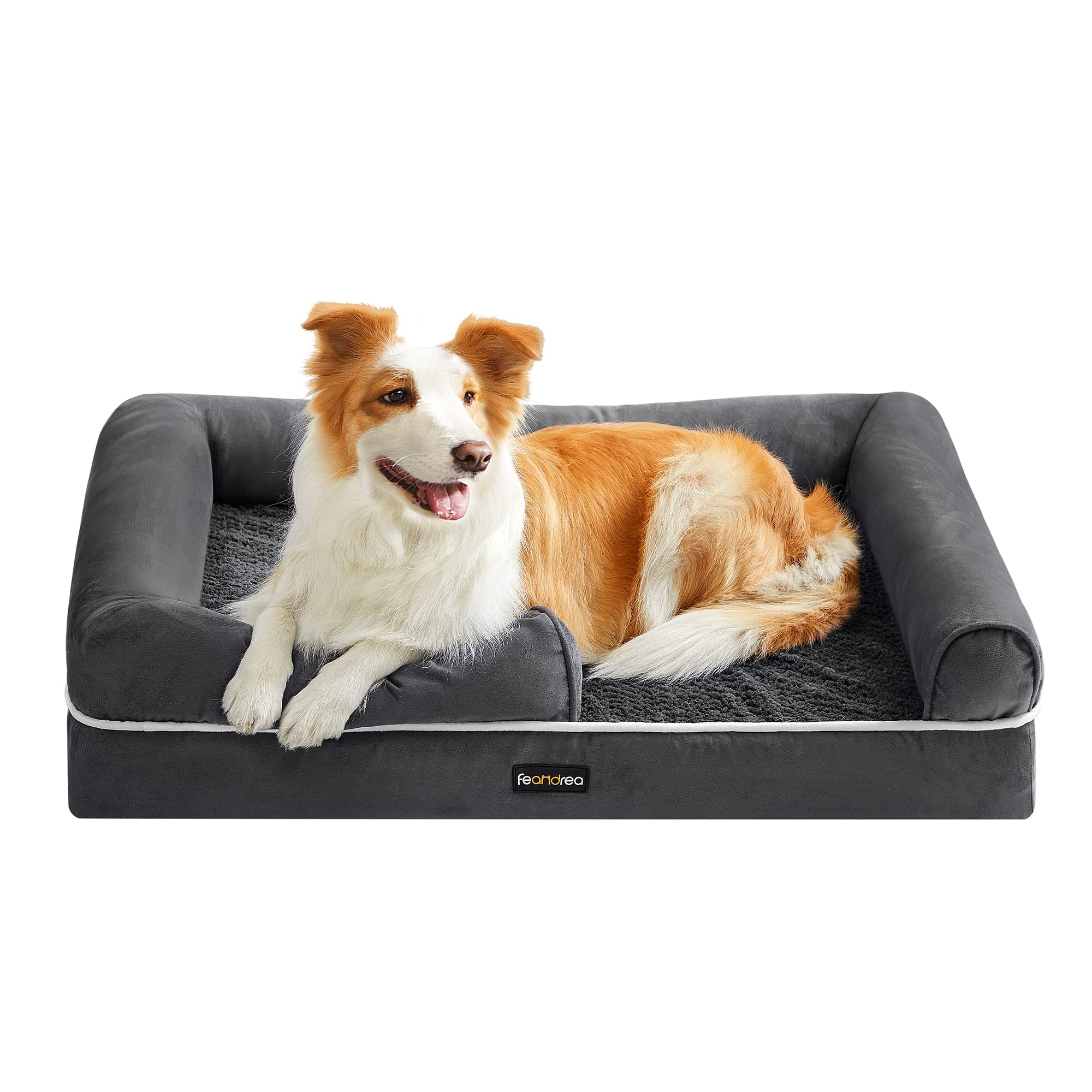 Feandrea Orthopädisches Hundebett, Hundekissen, Hundekorb, weiche Polsterung, Hundesofa, erhöhte Ränder, Bezug abnehmbar und waschbar, 91 x 71 x 20 cm, rutschfeste Unterseite, dunkelgrau PGW076G01