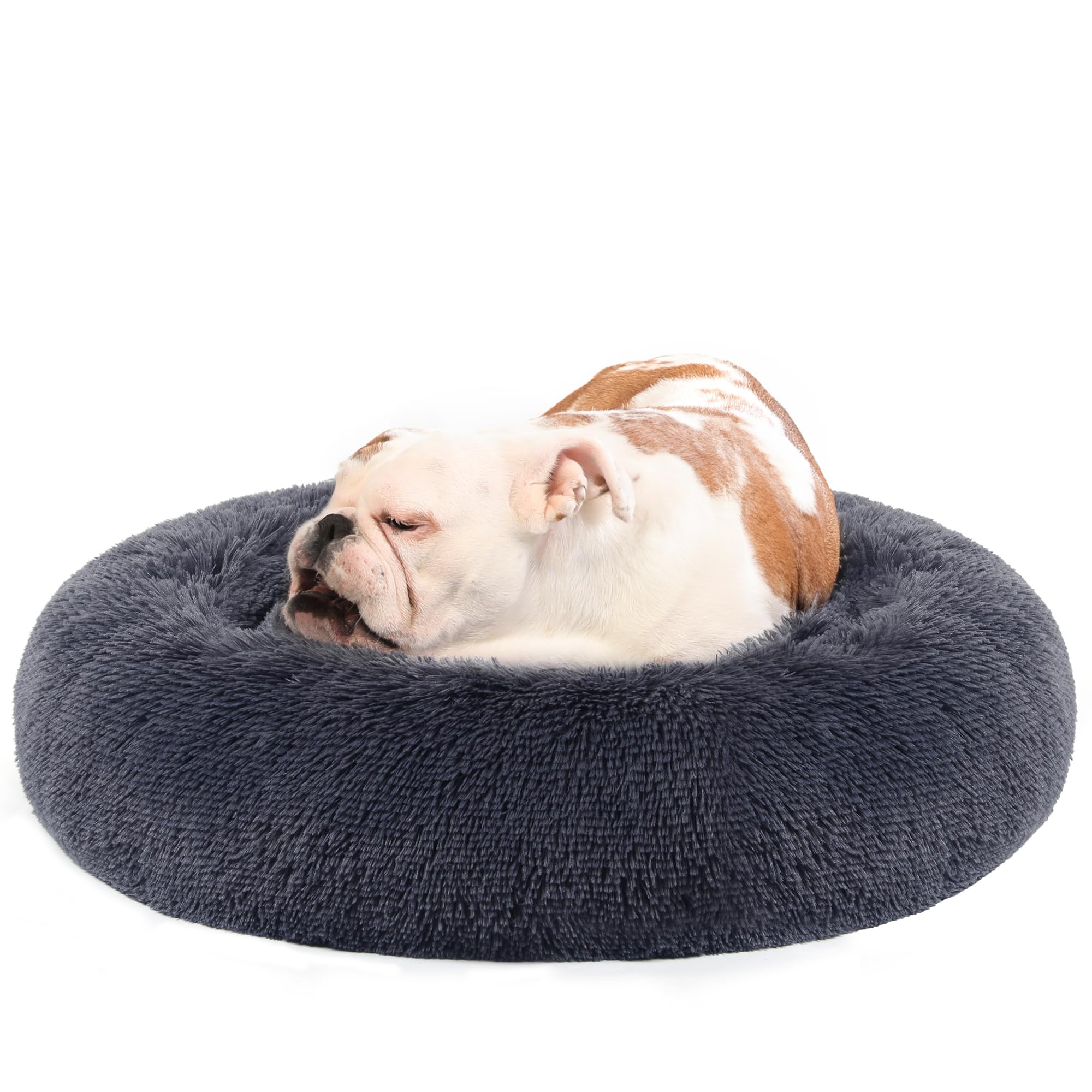 Feandrea Hundebett flauschig, Katzenbett, Donut Kissen, waschbar, Polsterung in der Mitte herausnehmbar, Langer Plüsch, 80 cm Durchmesser, dunkelgrau PGW040G02