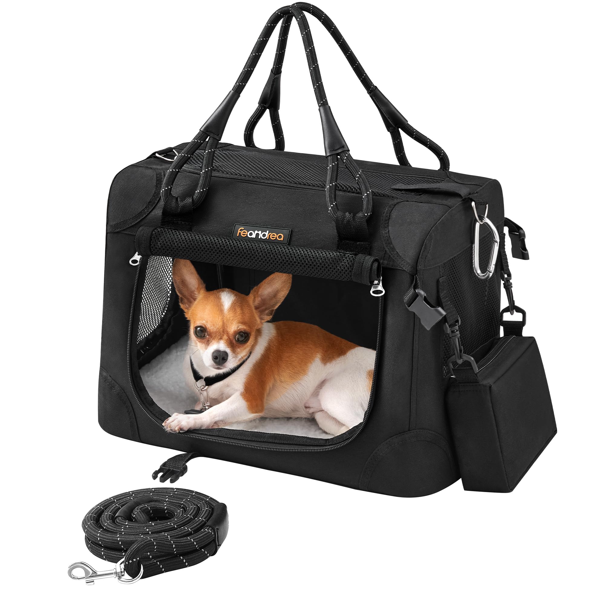 Feandrea Hundebox faltbar, Transportbox Hund, Hundetasche, Größe S, Metallrahmen, Leine, kleine Tasche, für Katzen und kleine Hunde bis zu 6 kg, 43 x 30 x 30 cm, klassikschwarz PDC004B01