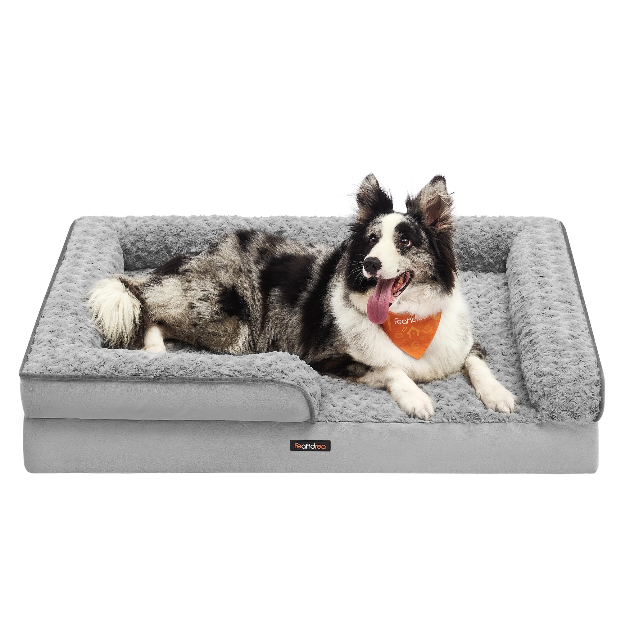 Feandrea Orthopädisches Hundebett für mittelgroße Hunde, wasserdichtes Hundesofa mit abnehmbarem Plüsch-Bezug, 91 x 68 x 16 cm, Taubengrau PGW252G01