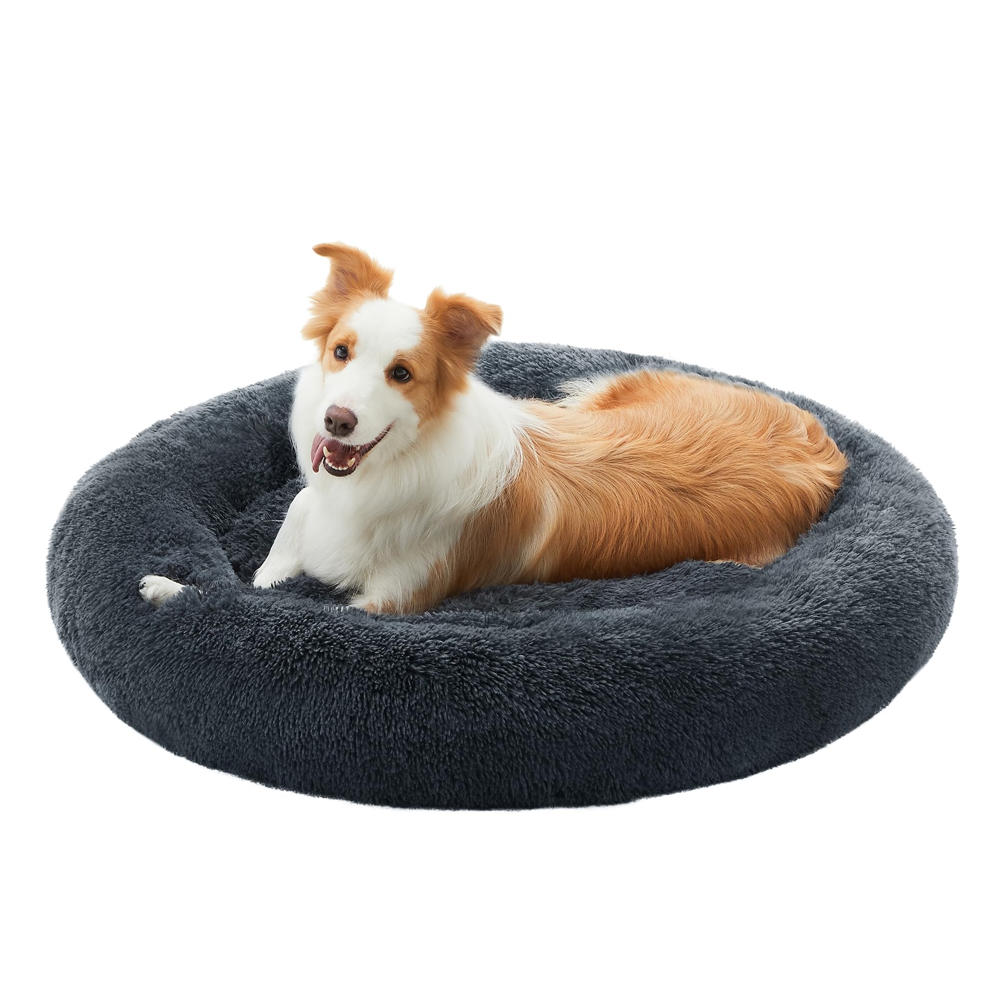 Feandrea Hundebett flauschig, Katzenbett, Donut Kissen, waschbar, Polsterung in der Mitte herausnehmbar, Langer Plüsch, 100 cm Durchmesser, dunkelgrau PGW042G02