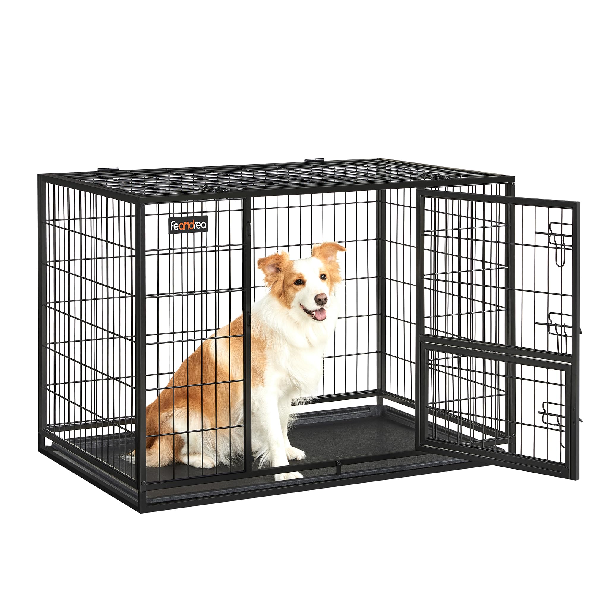 Feandrea Hundekäfig hochbelastbar, Gitterbox, transportabler Haustierkäfig, 107 x 70 x 75 cm, für mittelgroße, große Hunde, sicher, 2 abnehmbare Türen, Welpenauslauf, XL, tintenschwarz PPD001B01