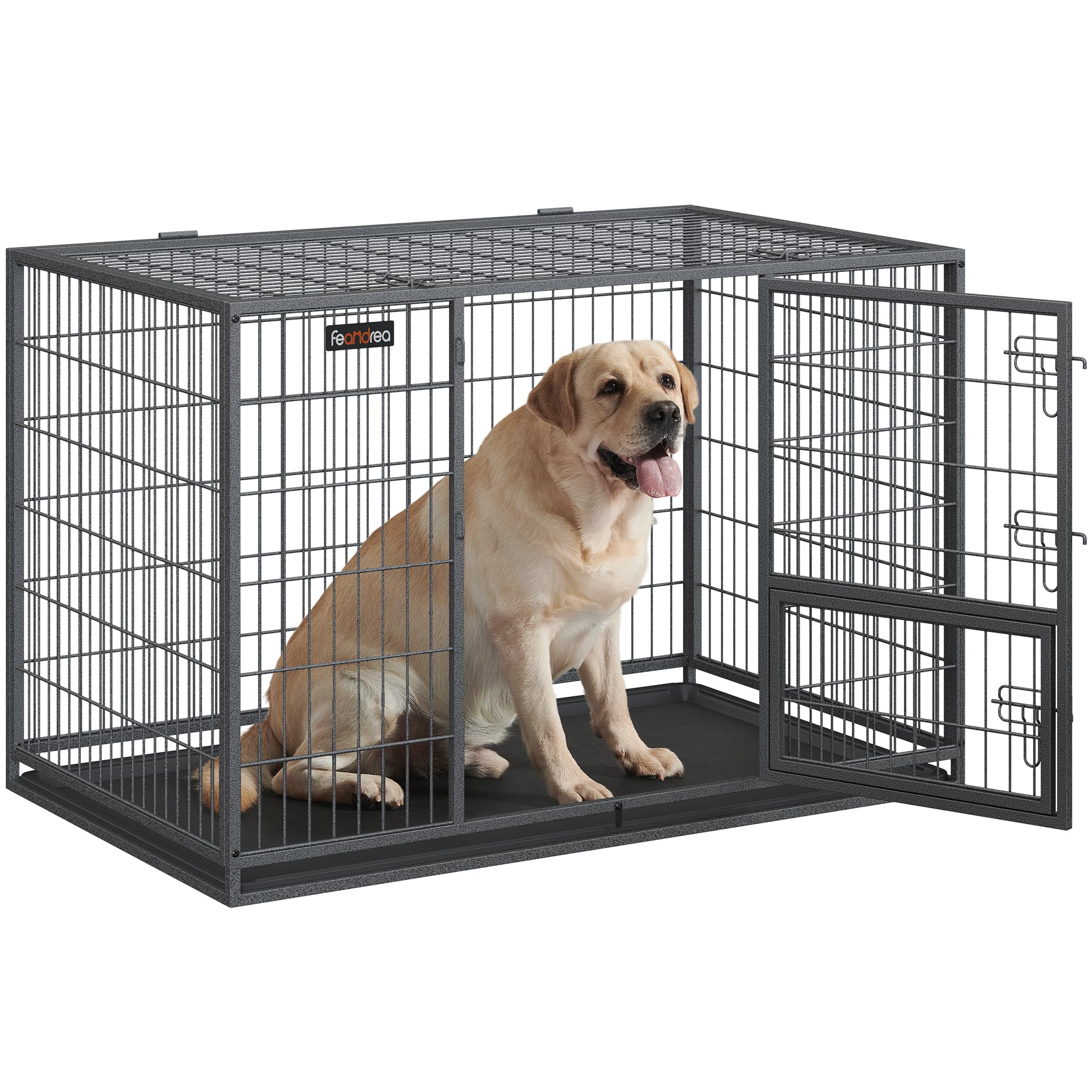 Feandrea Hundekäfig hochbelastbar, Gitterbox, transportabler Haustierkäfig, 122 x 75,5 x 80,5 cm, für mittelgroße, große Hunde, sicher, 2 abnehmbare Türen, Welpenauslauf, XXL, grau PPD003G01