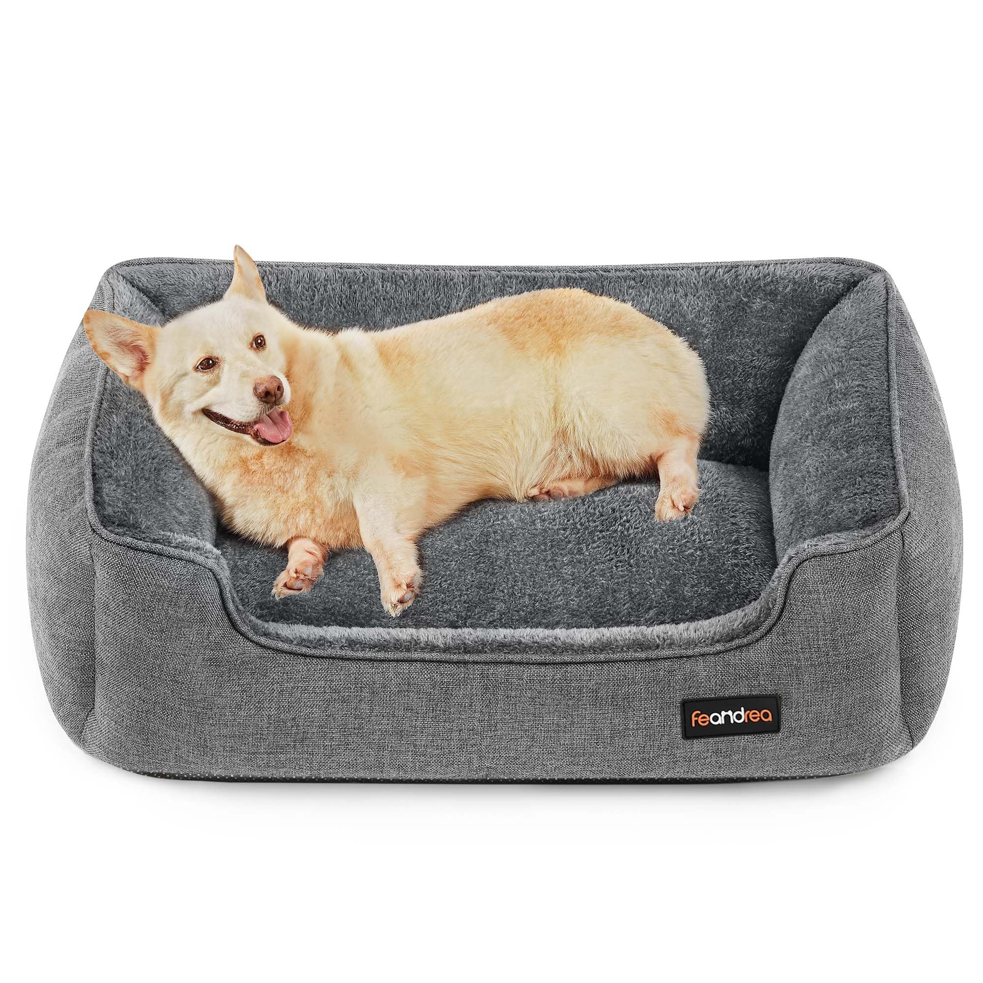 Feandrea Hundebett, Hundekissen in Leinenoptik, Hundekorb, erhöhte Ränder, rutschfeste Unterseite, Bezug abnehmbar waschbar, L, für mittelgroße Hunde, 90 x 75 x 25 cm, hellgrau PGW11GG